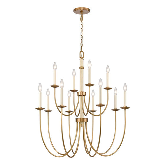 Atlas Lighting Neville 34in 12-Light Chandelier | Transitional Natural Brass and Bleached White Wood | Dining Room & Living Room | Model CL11270-BS
