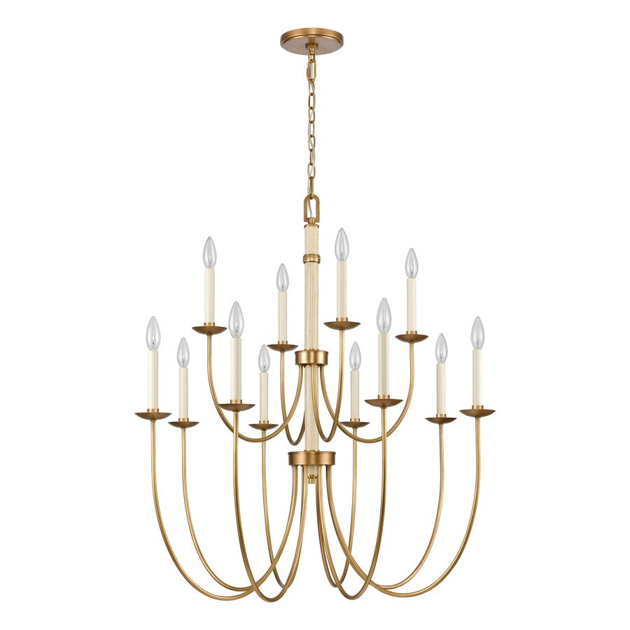 Atlas Lighting Neville 34in 12-Light Chandelier | Transitional Natural Brass and Bleached White Wood | Dining Room & Living Room | Model CL11270-BS