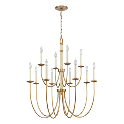 Atlas Lighting Neville 34in 12-Light Chandelier | Transitional Natural Brass and Bleached White Wood | Dining Room & Living Room | Model CL11270-BS