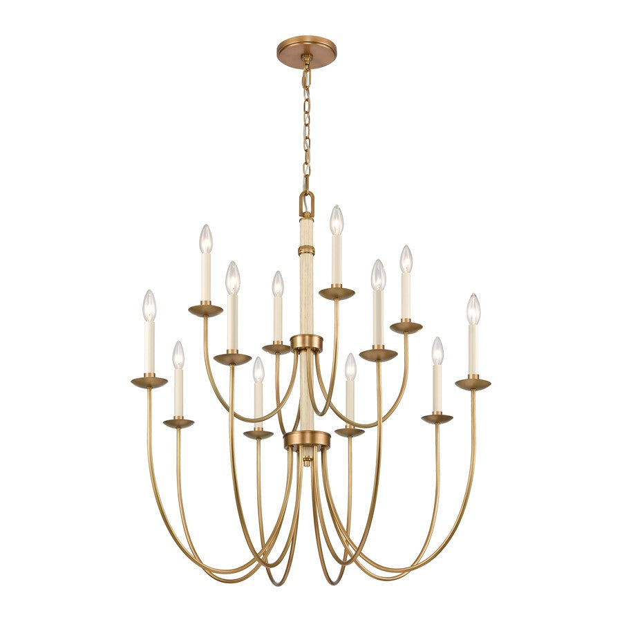Atlas Lighting Neville 34in 12-Light Chandelier | Transitional Natural Brass and Bleached White Wood | Dining Room & Living Room | Model CL11270-BS