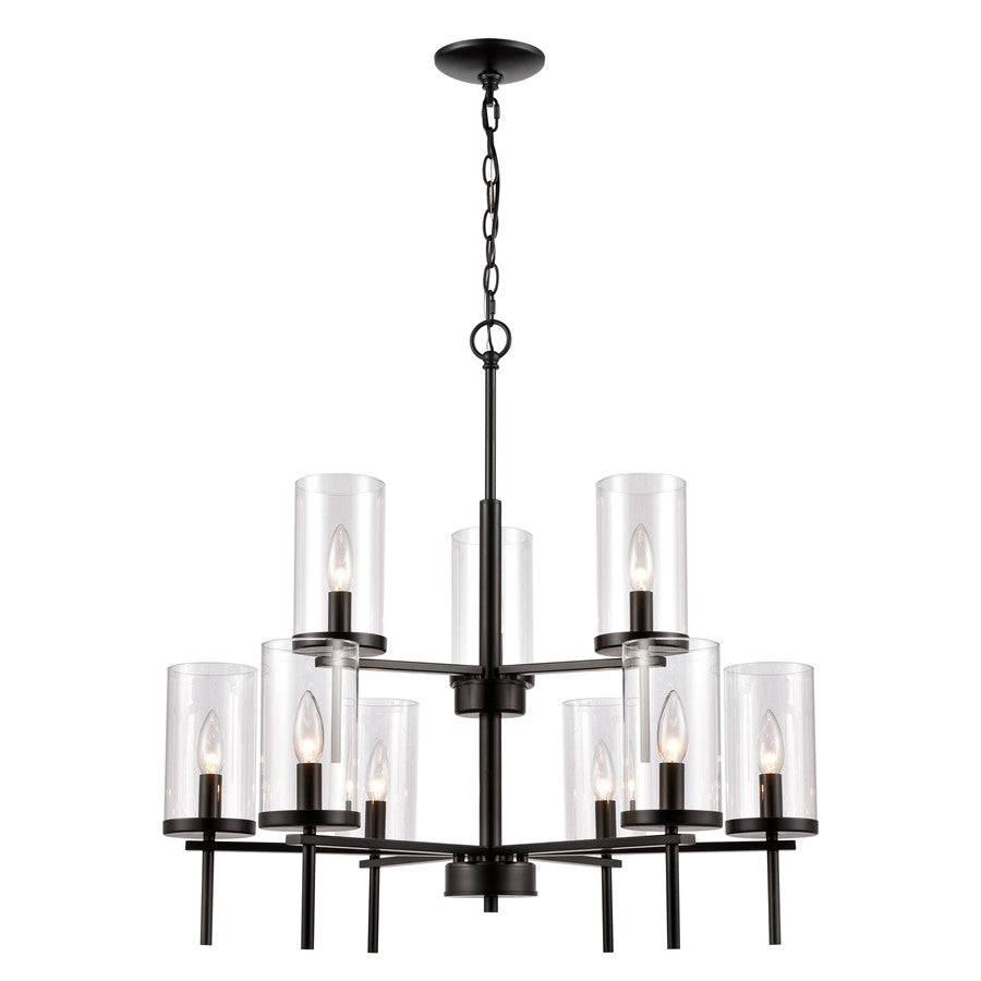 Atlas Lighting Oakland 28in 9-Light Chandelier | Modern Black and Clear Glass | Dining Room & Living Room | 28 x 28 x 28 in | Model CL11279-BK