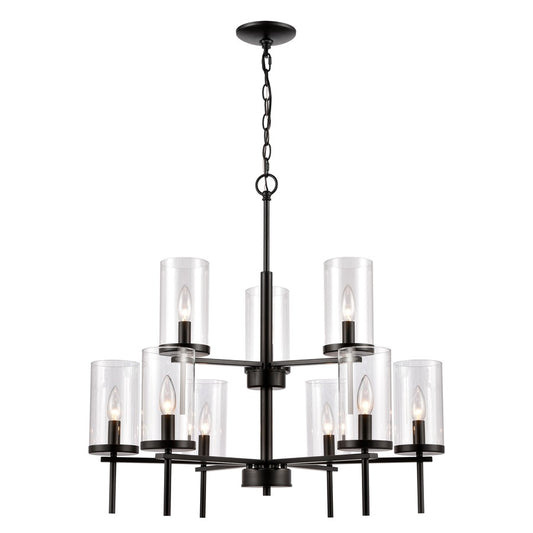 Atlas Lighting Oakland 28in 9-Light Chandelier | Modern Black and Clear Glass | Dining Room & Living Room | 28 x 28 x 28 in | Model CL11279-BK