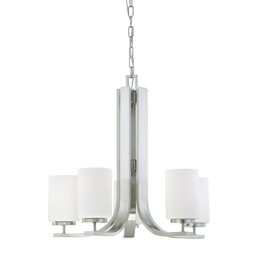 Atlas Lighting Pendenza 23in 5-Light Chandelier | Transitional Brushed Nickel and White Glass Shades | Dining Room & Kitchen | Model CL11296-NK