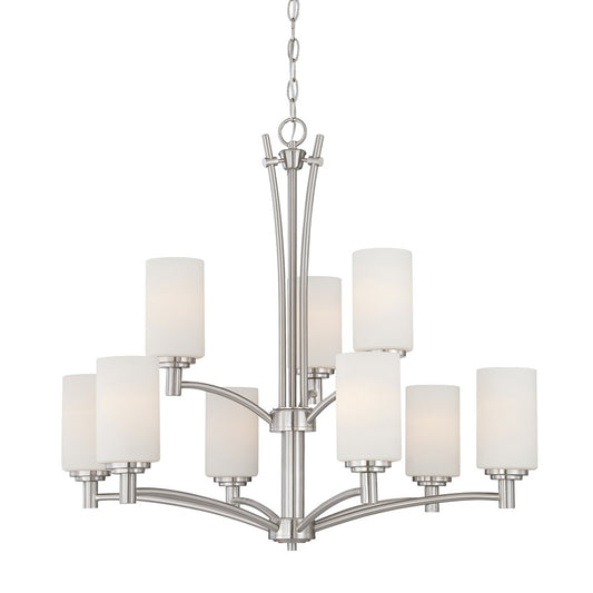 Atlas Lighting Pittman 31in 9-Light Chandelier | Transitional Brushed Nickel and White Frosted Glass | Kitchen Island & Dining | Model CL11299-NK