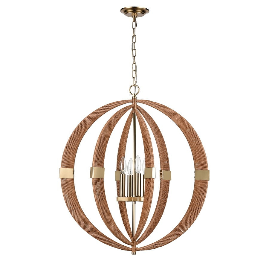 Atlas Lighting Pyrus 27in 4-Light Chandelier | Transitional Light Brown Rattan and Antique Brass | Living Room & Dining Room | Model CL11302-BN