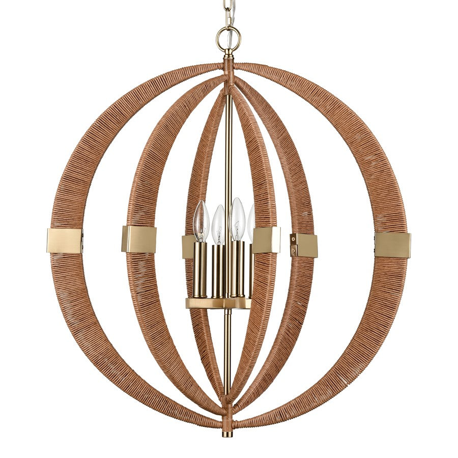 Atlas Lighting Pyrus 27in 4-Light Chandelier | Transitional Light Brown Rattan and Antique Brass | Living Room & Dining Room | Model CL11302-BN