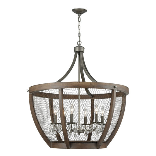 Atlas Renaissance Invention 33in 6-Light Chandelier | Rustic Aged Wood and Weathered Zinc | Dining Room & Foyer | 30 x 30 x 33 in | Model CL11312-BN