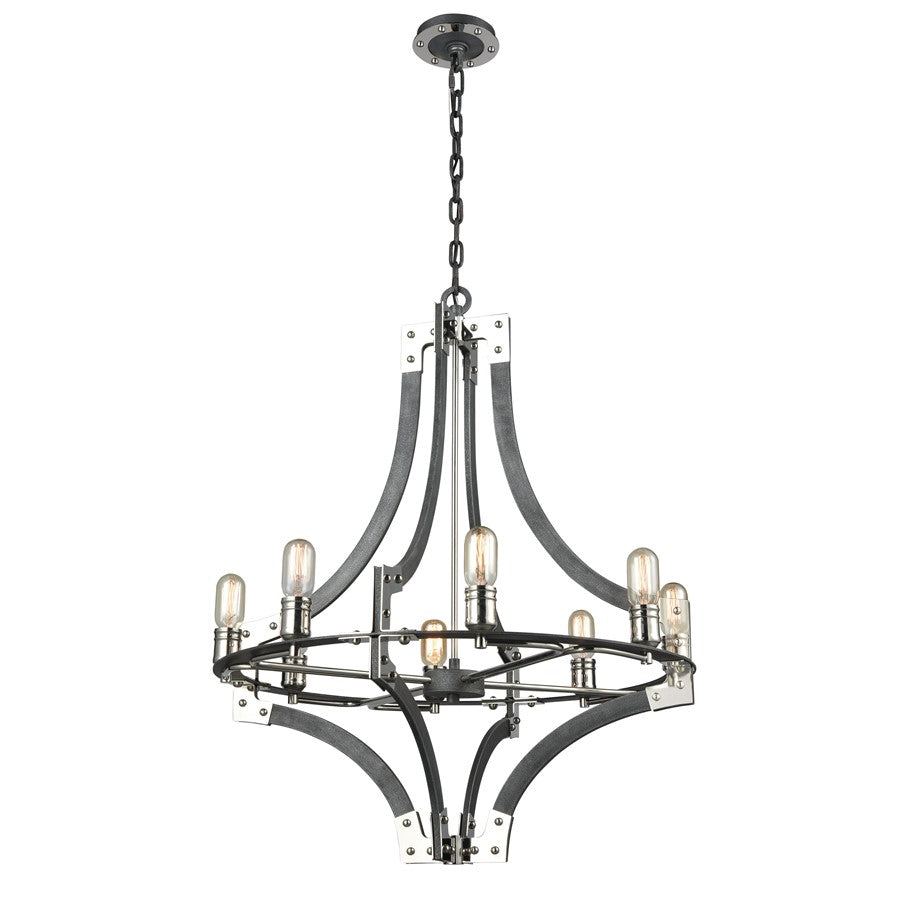 Atlas Riveted Plate 28in 8-Light Chandelier | Industrial Silverdust Iron and Polished Nickel | Dining Room & Foyer | Model CL11315-SV