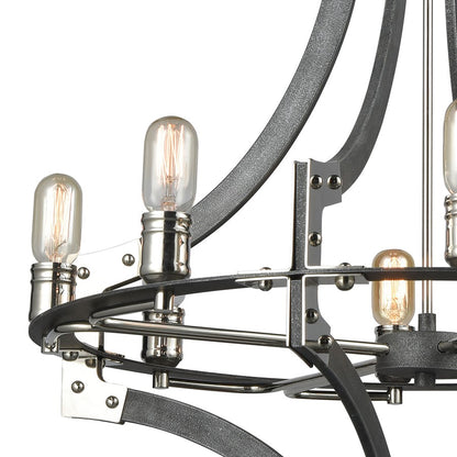 Atlas Riveted Plate 28in 8-Light Chandelier | Industrial Silverdust Iron and Polished Nickel | Dining Room & Foyer | Model CL11315-SV