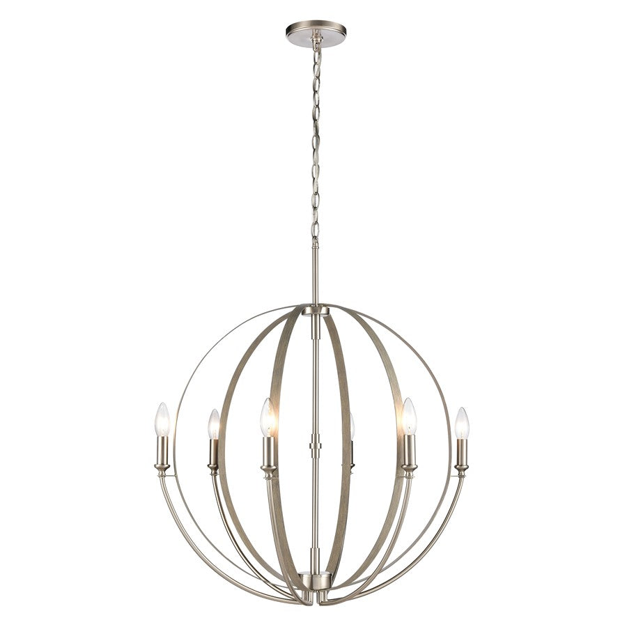 Atlas Lighting Rotunde 26in 6-Light Chandelier | Modern Beechwood and Satin Nickel | Dining Room & Living Room | 26 x 26 x 33 in | Model CL11318-BN
