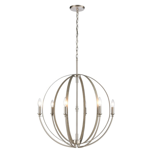 Atlas Lighting Rotunde 26in 6-Light Chandelier | Modern Beechwood and Satin Nickel | Dining Room & Living Room | 26 x 26 x 33 in | Model CL11318-BN