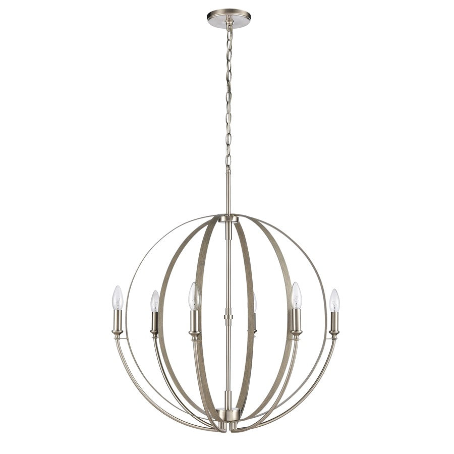 Atlas Lighting Rotunde 26in 6-Light Chandelier | Modern Beechwood and Satin Nickel | Dining Room & Living Room | 26 x 26 x 33 in | Model CL11318-BN
