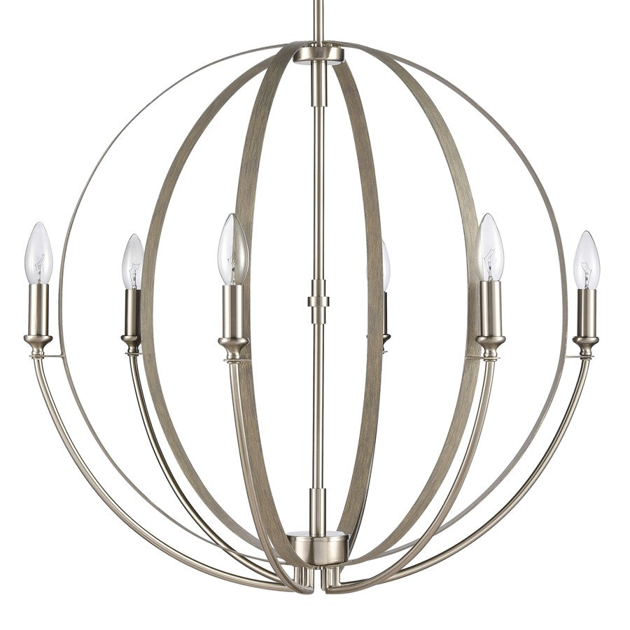 Atlas Lighting Rotunde 26in 6-Light Chandelier | Modern Beechwood and Satin Nickel | Dining Room & Living Room | 26 x 26 x 33 in | Model CL11318-BN