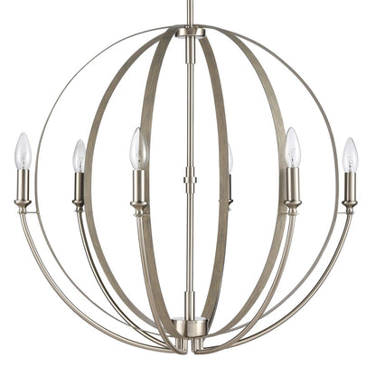 Atlas Lighting Rotunde 26in 6-Light Chandelier | Modern Beechwood and Satin Nickel | Dining Room & Living Room | 26 x 26 x 33 in | Model CL11318-BN