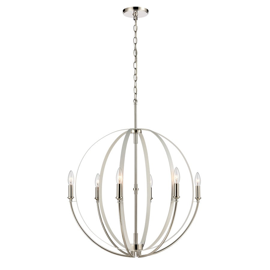 Atlas Lighting Rotunde 26in 6-Light Chandelier | Modern Matte White and Polished Nickel Metal | Dining Room & Living Room | Model CL11318-WH