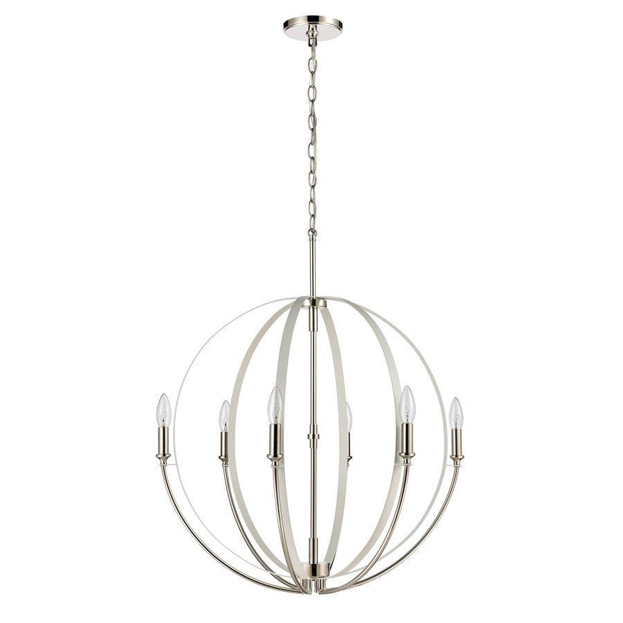 Atlas Lighting Rotunde 26in 6-Light Chandelier | Modern Matte White and Polished Nickel Metal | Dining Room & Living Room | Model CL11318-WH