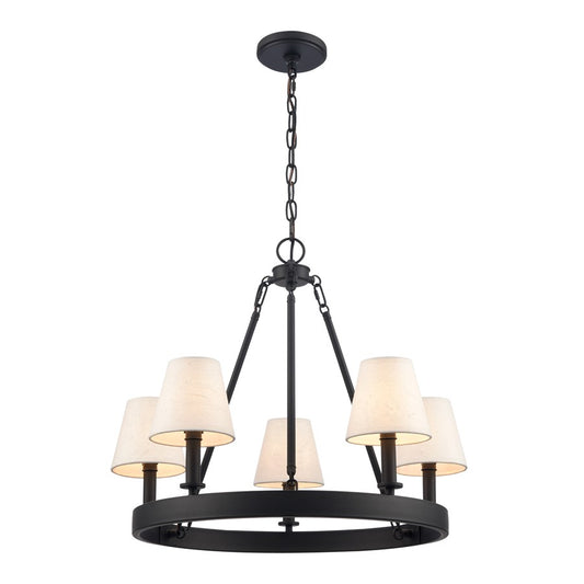 Atlas Lighting Rydell 24in 5-Light Chandelier | Transitional Matte Black and White Parchment Shades | Dining Room & Living Room | Model CL11320-BK