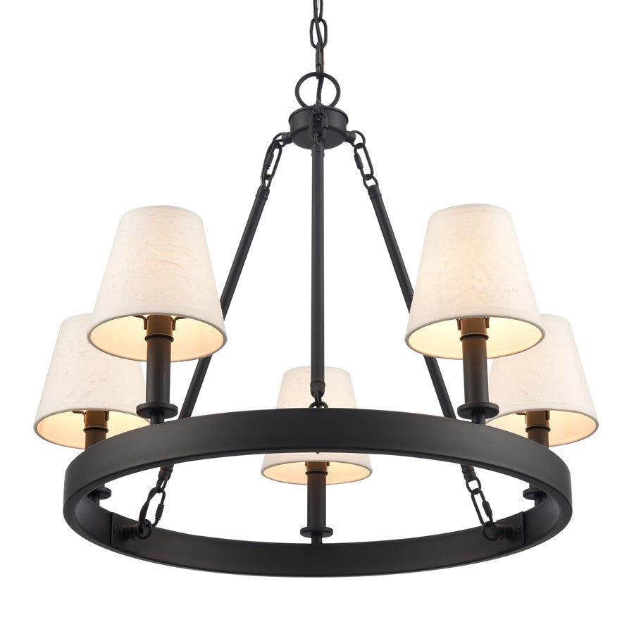 Atlas Lighting Rydell 24in 5-Light Chandelier | Transitional Matte Black and White Parchment Shades | Dining Room & Living Room | Model CL11320-BK