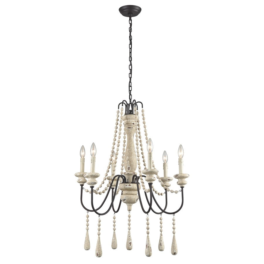 Atlas Lighting Sommieres 25in 6-Light Chandelier | Transitional Antique French Cream and Black Wood | Dining Room & Living Room | Model CL11338-CR