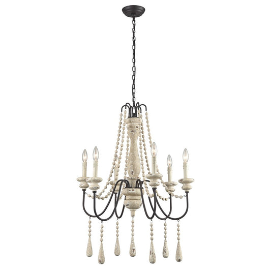 Atlas Lighting Sommieres 25in 6-Light Chandelier | Transitional Antique French Cream and Black Wood | Dining Room & Living Room | Model CL11338-CR