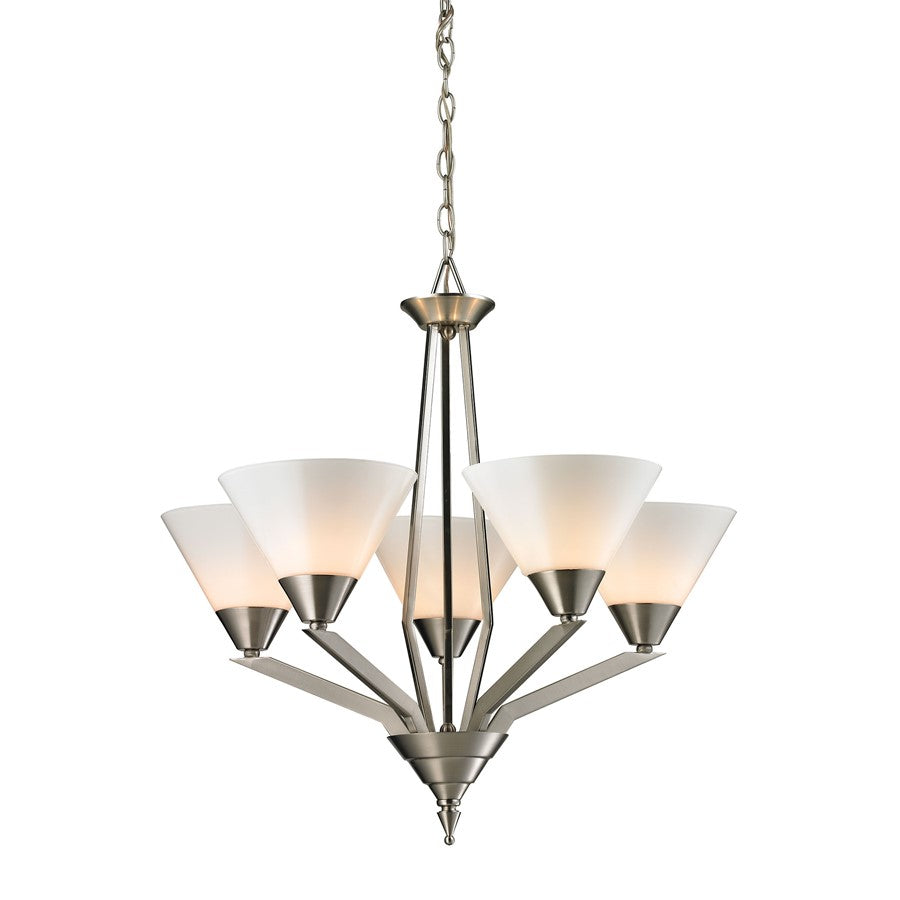 Atlas Lighting Tribecca 25in 5-Light Chandelier | Modern Brushed Nickel and White Glass | Kitchen Island & Dining Room | Model CL11372-NK
