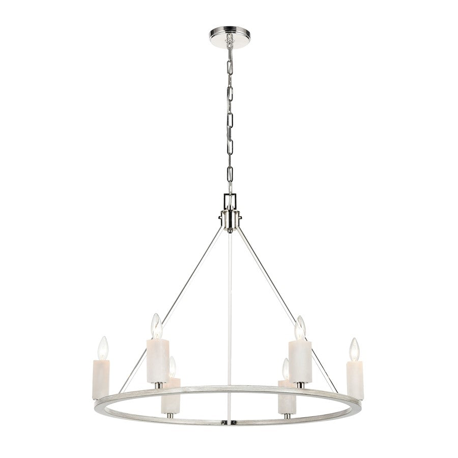 Atlas Lighting White Stone 30in 6-Light Chandelier | Modern Polished Nickel and Sunbleached Oak | Dining Room & Living Room | Model CL11393-NK