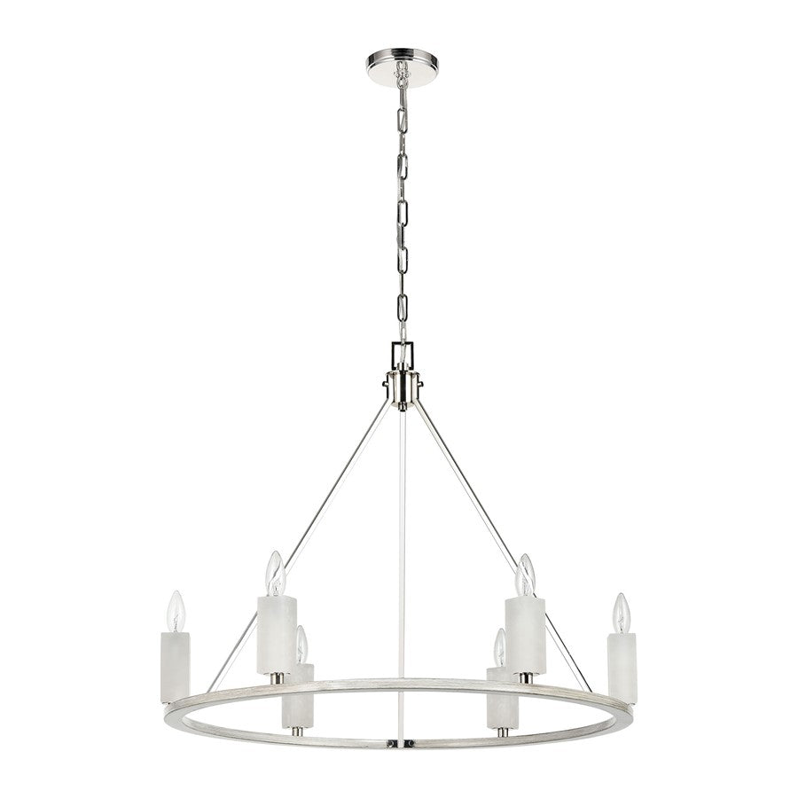 Atlas Lighting White Stone 30in 6-Light Chandelier | Modern Polished Nickel and Sunbleached Oak | Dining Room & Living Room | Model CL11393-NK