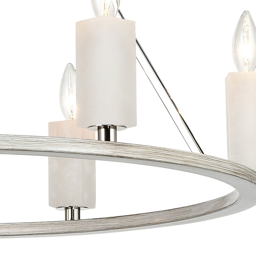 Atlas Lighting White Stone 30in 6-Light Chandelier | Modern Polished Nickel and Sunbleached Oak | Dining Room & Living Room | Model CL11393-NK