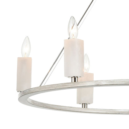 Atlas Lighting White Stone 30in 6-Light Chandelier | Modern Polished Nickel and Sunbleached Oak | Dining Room & Living Room | Model CL11393-NK