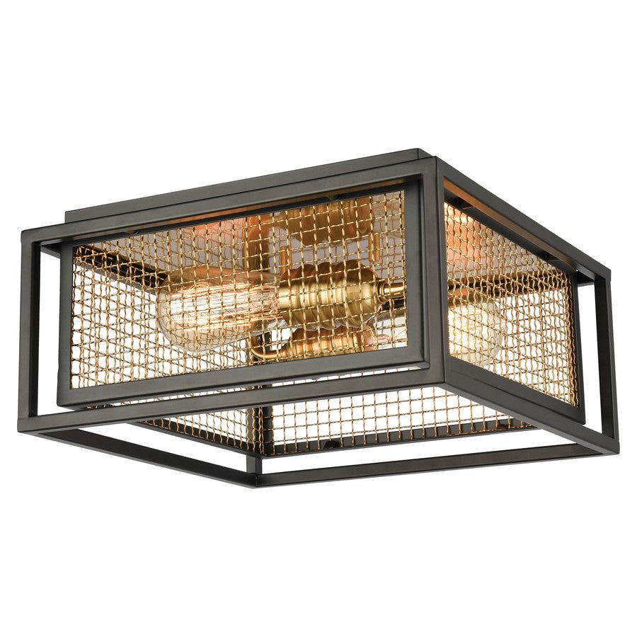 Atlas Lighting Jarvis 12in 2-Light Flush Mount | Industrial Matte Black and Burnished Brass Cage | Bedroom & Hallway | Model CL11471-BK