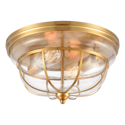 Atlas Lighting Manhattan Boutique 13in 2-Light Flush Mount | Transitional Brushed Brass and Clear Glass | Kitchen & Hallway | Model CL11477-BS