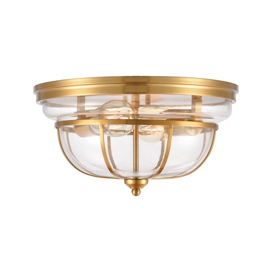 Atlas Lighting Manhattan Boutique 13in 2-Light Flush Mount | Transitional Brushed Brass and Clear Glass | Kitchen & Hallway | Model CL11477-BS