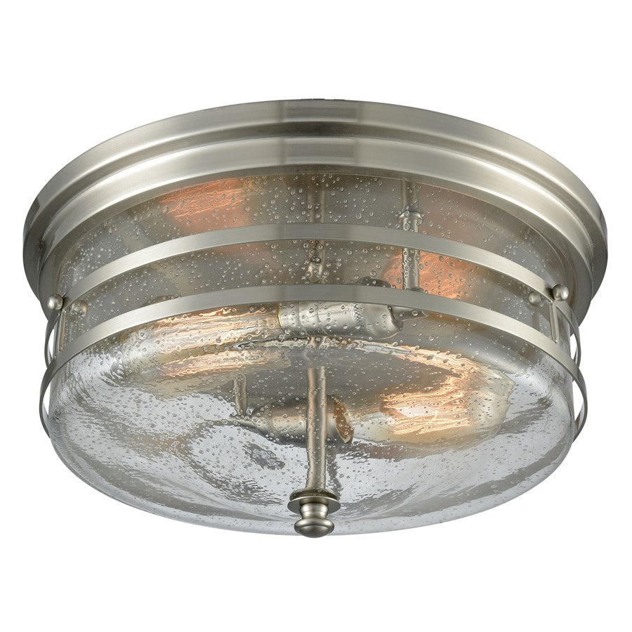 Atlas Lighting Port O'Connor 14in 2-Light Flush Mount | Transitional Satin Nickel and Clear Seeded Glass | Kitchen & Dining Room | Model CL11495-NK