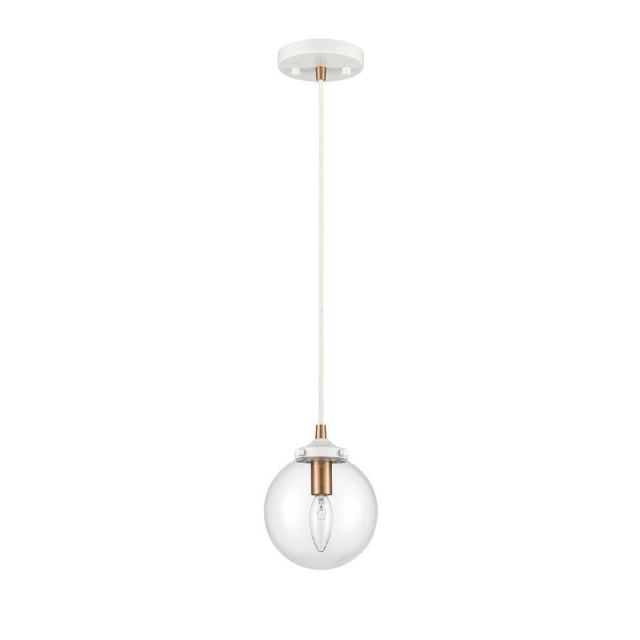 Atlas Lighting Boudreaux 6in 1-Light Mini Pendant | Mid-Century Matte White and Satin Brass with Clear Glass | Kitchen Island | Model CL11543-WH