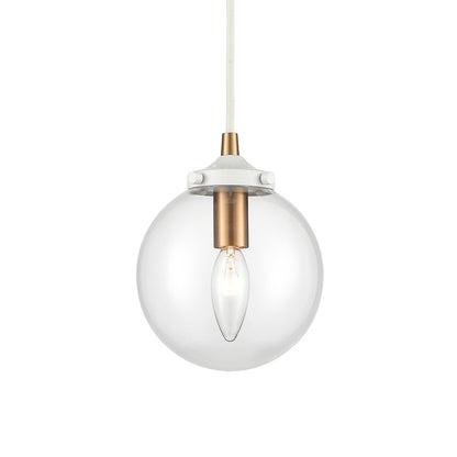 Atlas Lighting Boudreaux 6in 1-Light Mini Pendant | Mid-Century Matte White and Satin Brass with Clear Glass | Kitchen Island | Model CL11543-WH