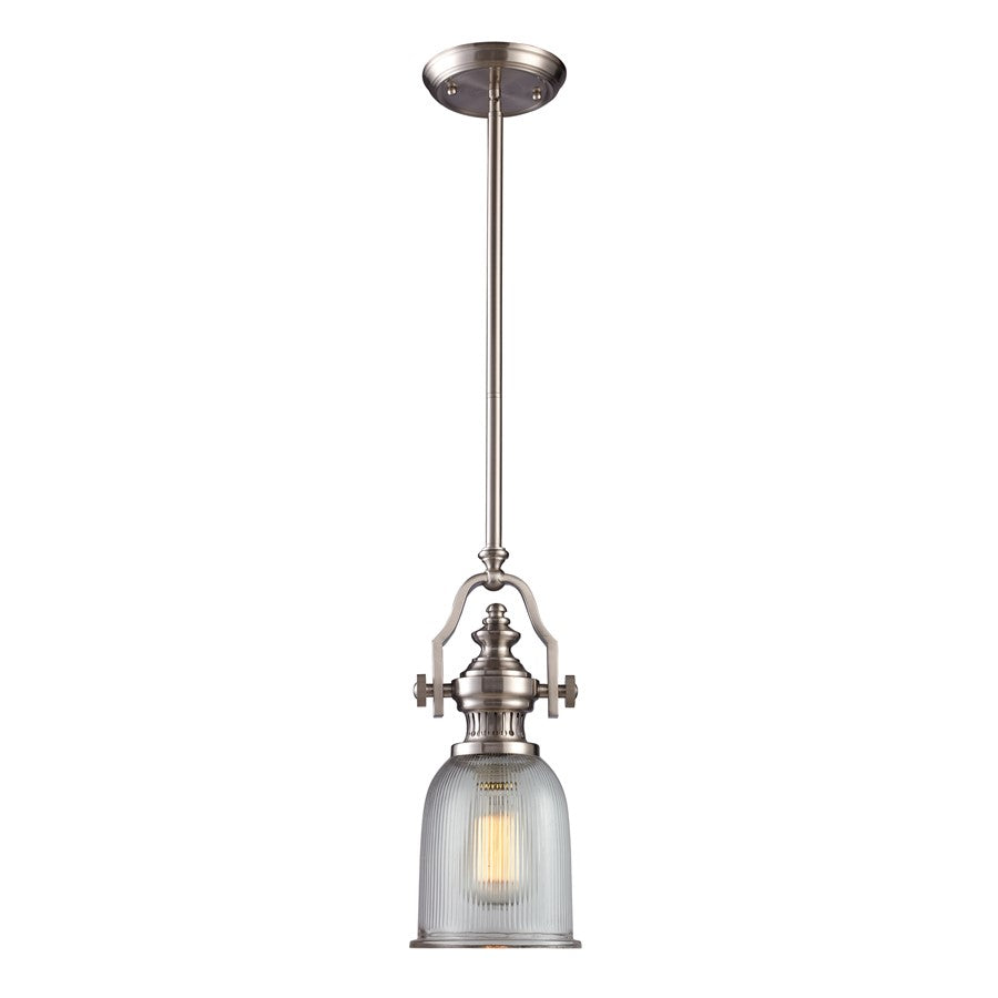 Atlas Lighting Chadwick 7in 1-Light Mini Pendant | Transitional Satin Nickel and Clear Ribbed Glass | Kitchen Island & Dining Room | Model CL11559-NK