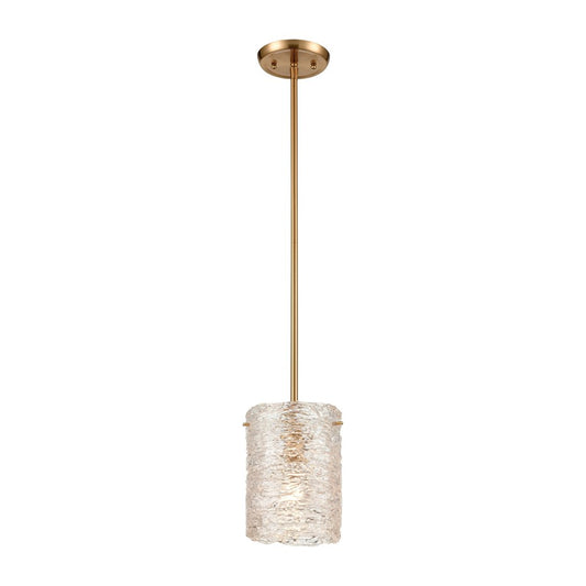 Atlas Lighting Chiseled Ice 7in 1-Light Mini Pendant | Transitional Satin Brass and Clear Textured Glass | Kitchen Island & Dining | Model CL11561-BS
