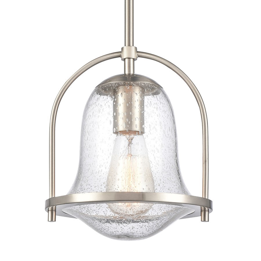 Atlas Lighting Connection 8in 1-Light Mini Pendant | Transitional Satin Nickel and Clear Seeded Glass | Kitchen Island & Dining | Model CL11568-NK