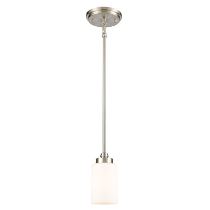 Atlas Lighting Dawson 4in 1-Light Mini Pendant | Transitional Satin Nickel and White Glass | Kitchen Island & Dining Room | Model CL11574-NK
