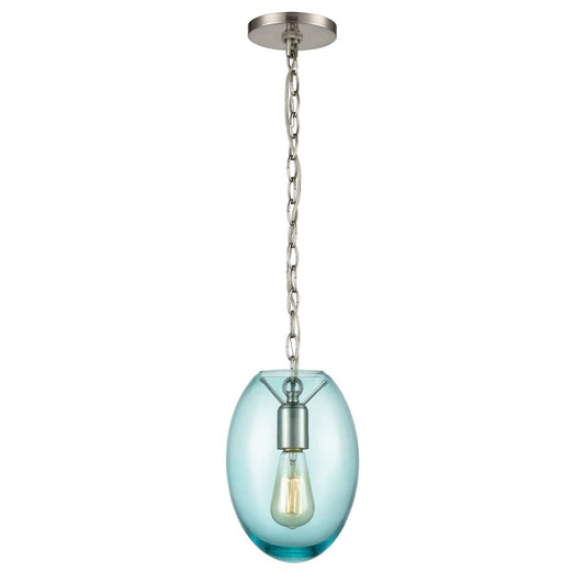 Atlas Lighting Ellipsa 7in 1-Light Mini Pendant | Satin Nickel and Blue Glass | Kitchen Island & Dining Room | 7 x 7 x 10 in | Model CL11578-BL