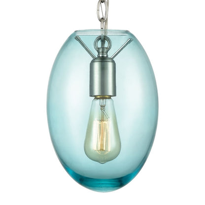 Atlas Lighting Ellipsa 7in 1-Light Mini Pendant | Satin Nickel and Blue Glass | Kitchen Island & Dining Room | 7 x 7 x 10 in | Model CL11578-BL