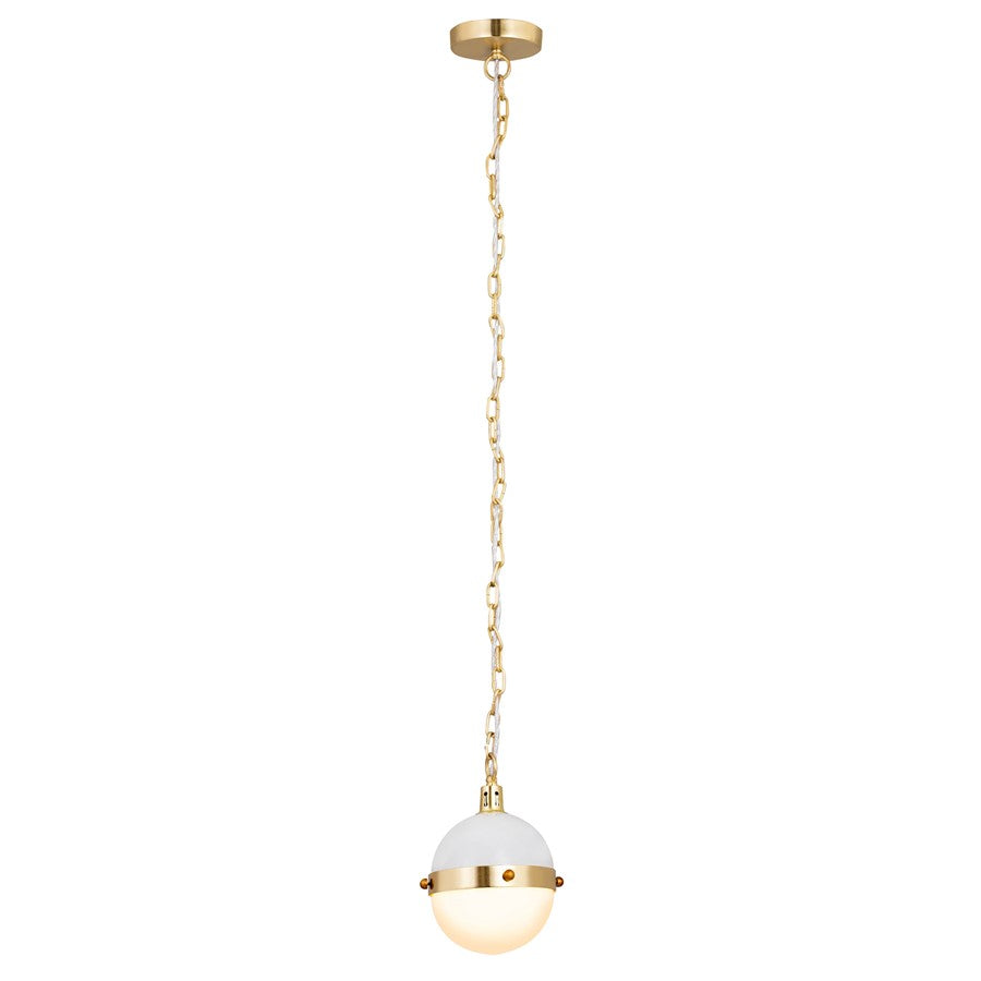 Atlas Lighting Harmelin 7in 1-Light Mini Pendant | Mid-Century White and Satin Brass with White Frosted Glass | Kitchen Island | Model CL11605-WH