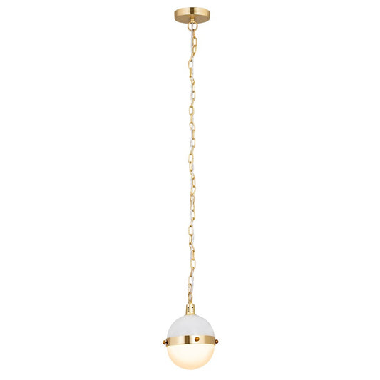 Atlas Lighting Harmelin 7in 1-Light Mini Pendant | Mid-Century White and Satin Brass with White Frosted Glass | Kitchen Island | Model CL11605-WH