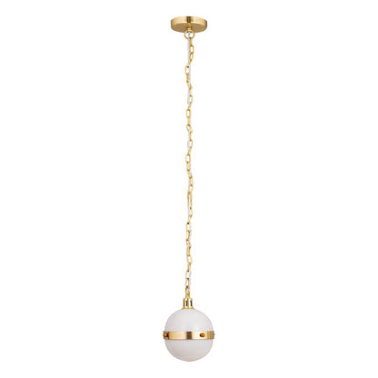 Atlas Lighting Harmelin 7in 1-Light Mini Pendant | Mid-Century White and Satin Brass with White Frosted Glass | Kitchen Island | Model CL11605-WH