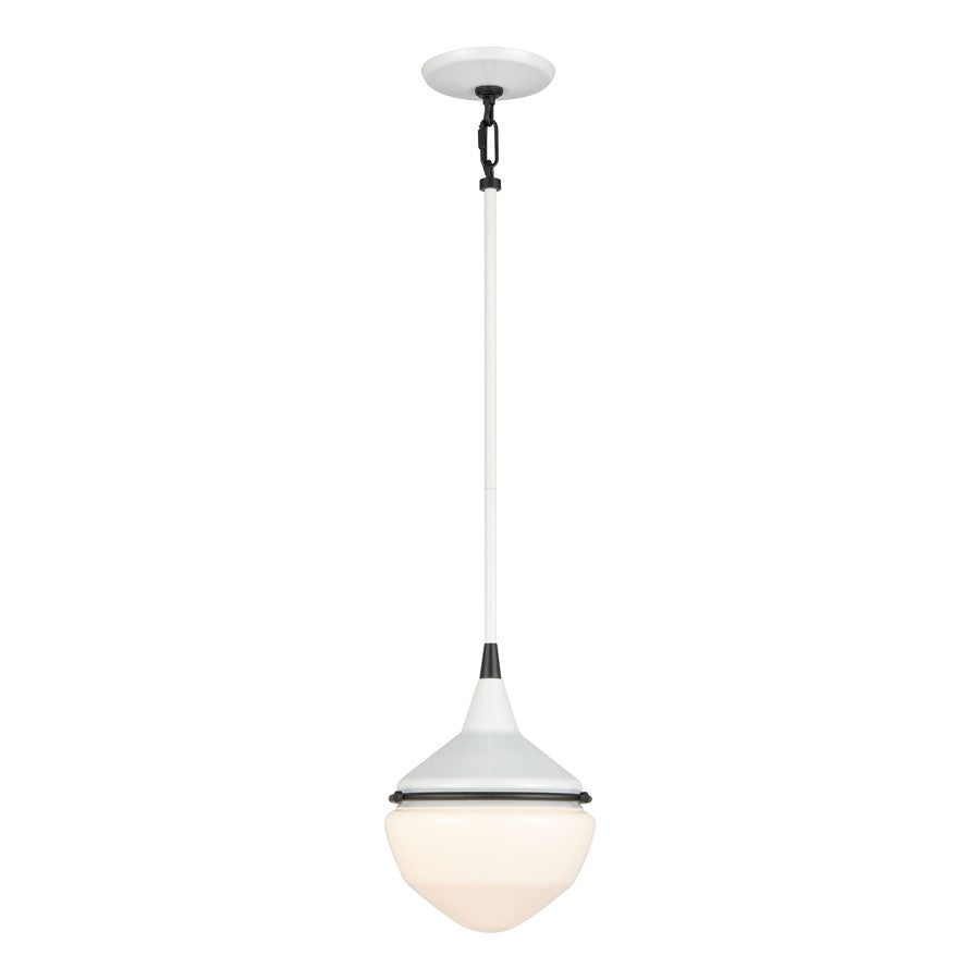 Atlas Mid-Century Schoolhouse 8in 1-Light Mini Pendant | Enamel White Matte Black and White Glass | Kitchen Island & Dining Room | Model CL11635-WH