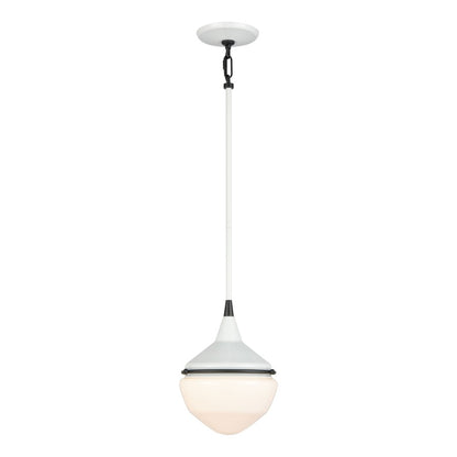 Atlas Mid-Century Schoolhouse 8in 1-Light Mini Pendant | Enamel White Matte Black and White Glass | Kitchen Island & Dining Room | Model CL11635-WH