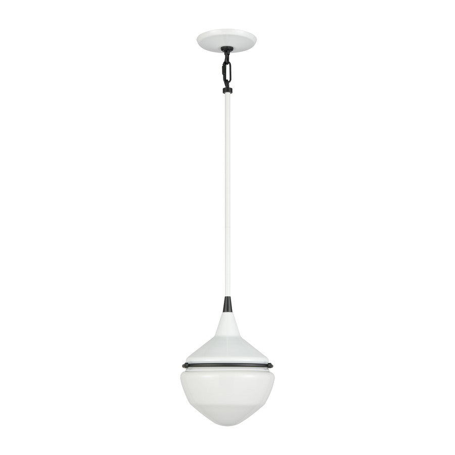 Atlas Mid-Century Schoolhouse 8in 1-Light Mini Pendant | Enamel White Matte Black and White Glass | Kitchen Island & Dining Room | Model CL11635-WH
