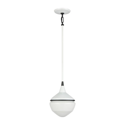 Atlas Mid-Century Schoolhouse 8in 1-Light Mini Pendant | Enamel White Matte Black and White Glass | Kitchen Island & Dining Room | Model CL11635-WH