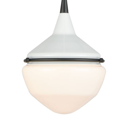 Atlas Mid-Century Schoolhouse 8in 1-Light Mini Pendant | Enamel White Matte Black and White Glass | Kitchen Island & Dining Room | Model CL11635-WH