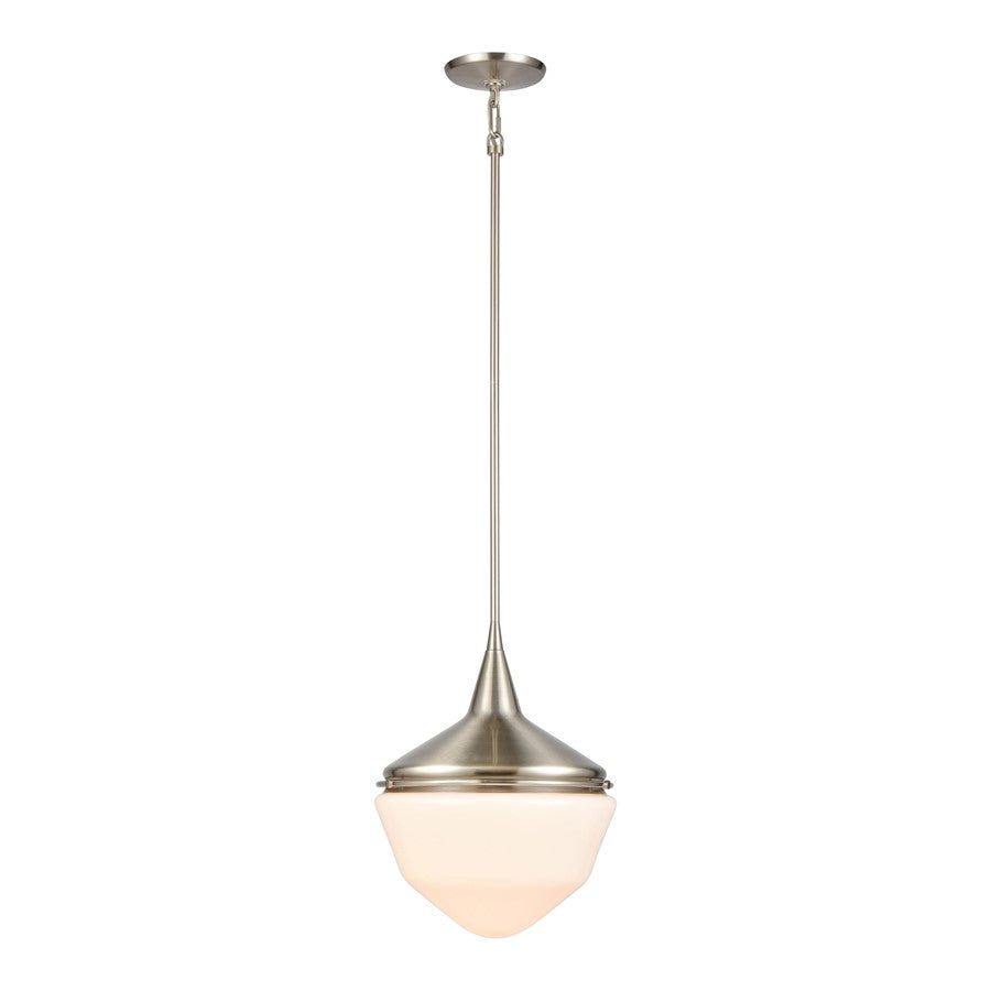 Atlas Lighting Mid-Century Schoolhouse 12in 1-Light Mini Pendant | Satin Nickel and White Frosted Glass | Kitchen Island & Dining | Model CL11636-NK